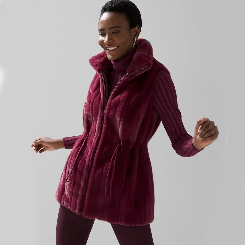 WHBM $250 Faux Mink Fur WASHABLE Vest Jacket STUNNING! Port Burgundy XS